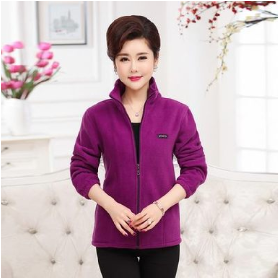 Áo khoác nỉ nữ trung niên, bo cổ tay.