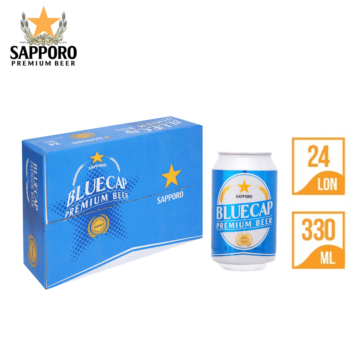 THÙNG 24 LON BIA BLUE CAP SAPPORO PREMIUM BEER 330ML