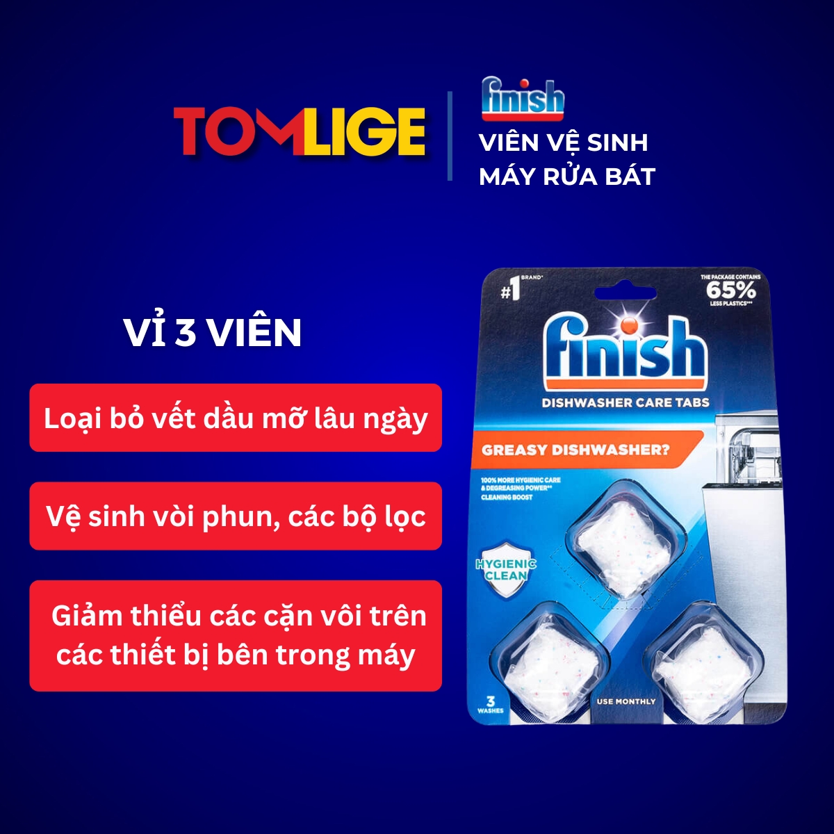 Viên Vệ Sinh Máy Rửa Bát Finish Vỉ 3 Viên Làm Sạch Sâu Các Vết Dầu Mỡ, Làm Sạch Máy