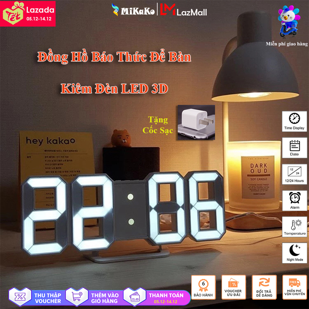 Đồng Hồ Led 3D  Trang Trí Treo Tường – Để Bàn MiKaKo, Đồng Hồ Báo Thức Kỹ Thuật Số - Tặng Kèm Cốc Sạc 5V