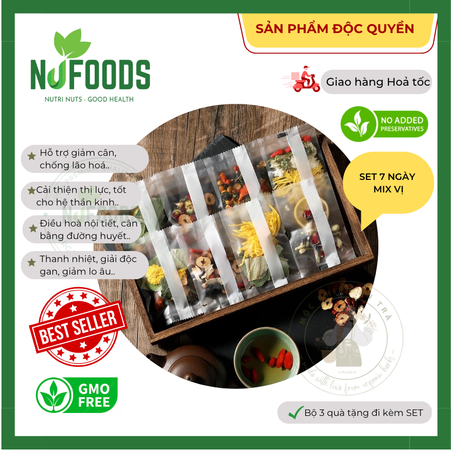 SET trà thảo mộc mix vị - HỘP 7 LOẠI trà kèm quà tặng, dưỡng nhan giảm stress, ổn định đường huyết, thanh nhiệt..