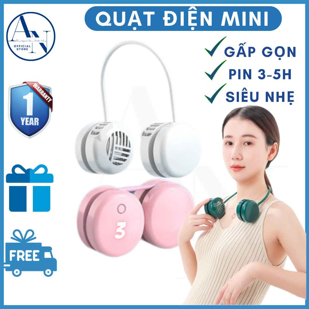 Quạt Mini Đeo Cổ Không Cánh Cao Cấp Gió Đảo Chiều 360 Độ Siêu Hot, Quạt Quàng Cổ 3 Tốc Độ Gió Cực Mạnh Dây Sạc USB, Quạt Tích Điện Pin Trâu Quạt Đeo Cổ Nhỏ Gọn Tiện Lợi - ANA