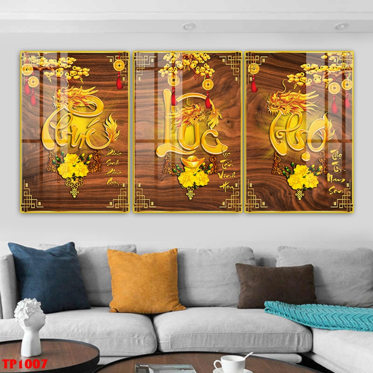 Tranh treo tường- Tranh Laminate tráng gương Phúc Lộc Thọ treo phòng khách, hành lang-Bộ 3 tấm
