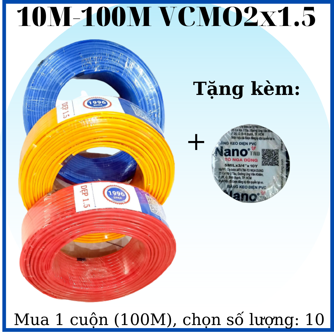 [FreeshipMAX] 10M-100M Dây điện đôi VCMO2x1.5 Vĩnh Thịnh, lõi đồng 100% tặng kèm băng keo điện
