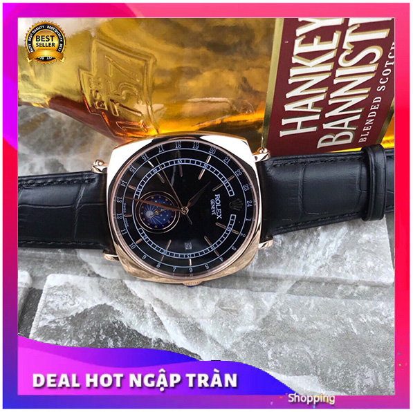 Đồng Hồ Nam Automatic Mặt Đen Chống Nước Trăng Sao + Thẻ Bảo Hành