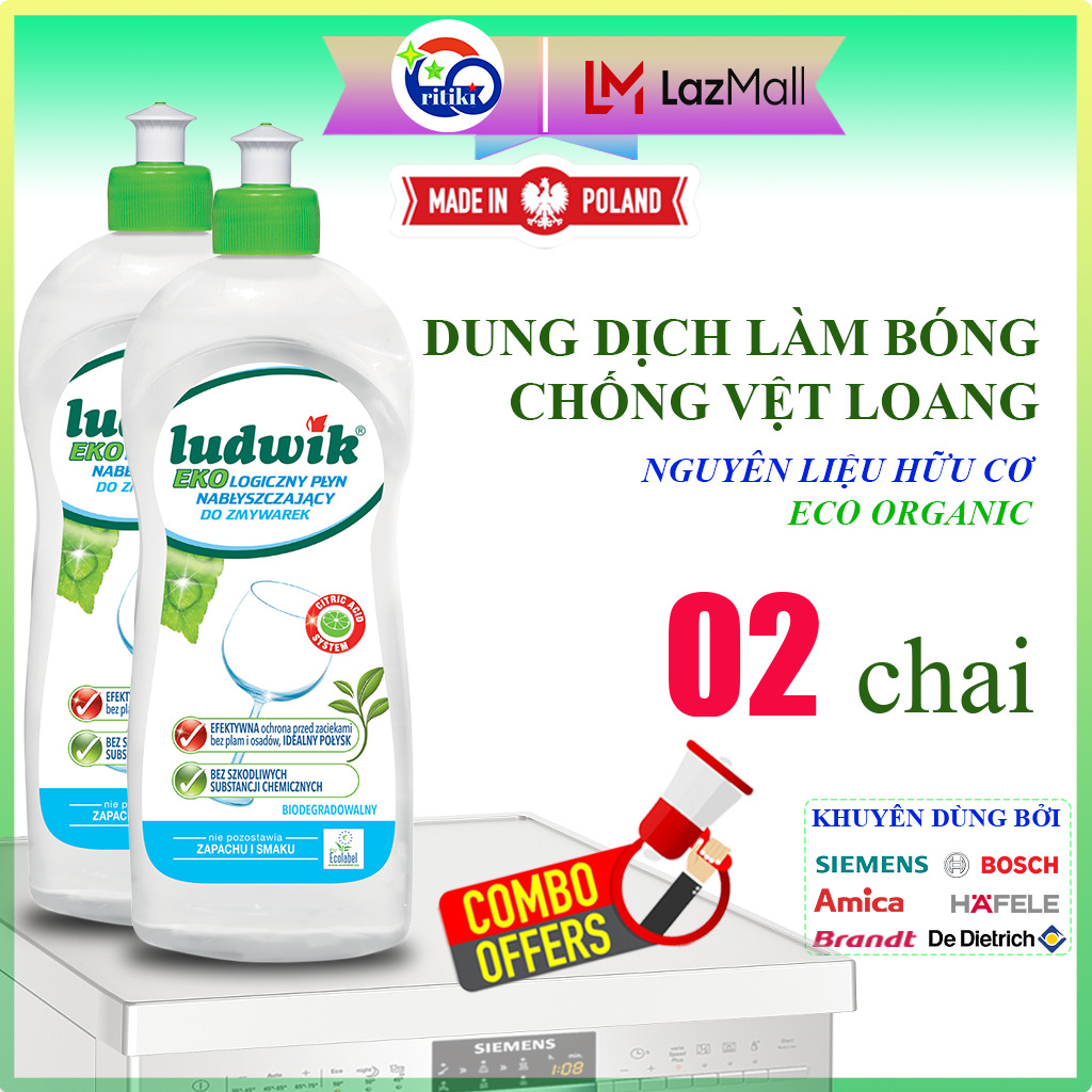 Combo 2 chai dung dịch làm bóng chén bát Ludwik ECO oraganic 500ml - Dầu bóng Ludwik sinh thái sử dụng cho máy rửa bát - Nước làm bóng gương kính nhập khẩu chính hãng Ludwik Ba Lan - Khô không lưu vết, Bóng sáng như mới