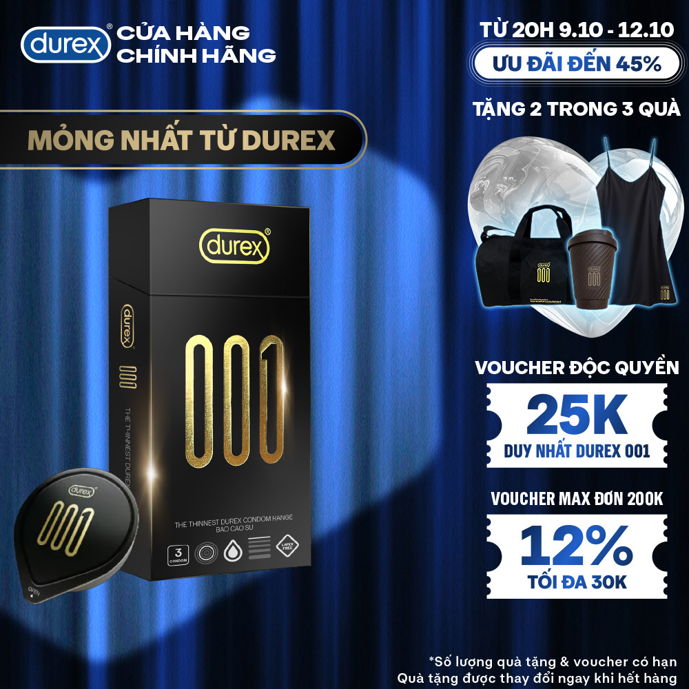[TỪ 20H | 9-12.10 VOUCHER GIẢM THÊM 5%] [MỚI] Bao Cao Su Durex 001 Siêu Mỏng, Hộp 3 Bao Mới Ra Mắt