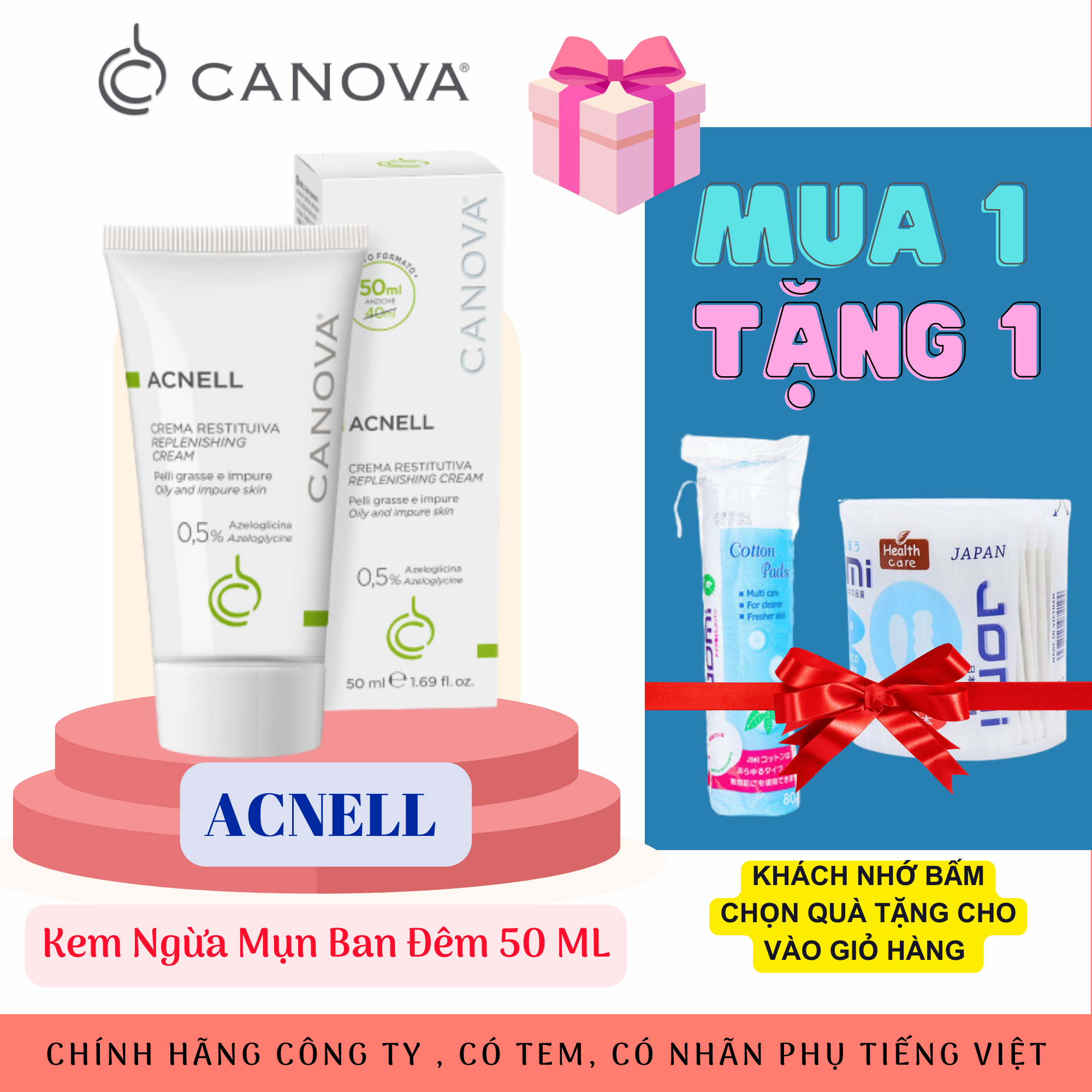 (TEM CTY) Kem ngừa mụn Canova Acnell 50mL dùng ban đêm dành cho da mụn