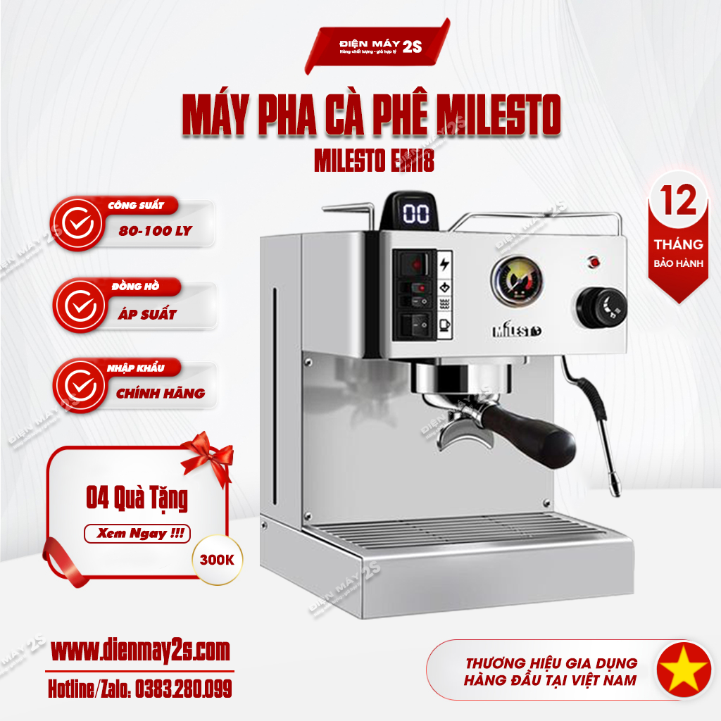 Máy pha cà phê, máy pha cafe Milesto EM18 - công suất 80-100ly- Hàng chính hãng-Sử dụng nồi hơi làm cà phê và đánh sữa riêng biệt, tốc độ ổn định, có thể bán quán nhỏ- Bản mới nhất 2023