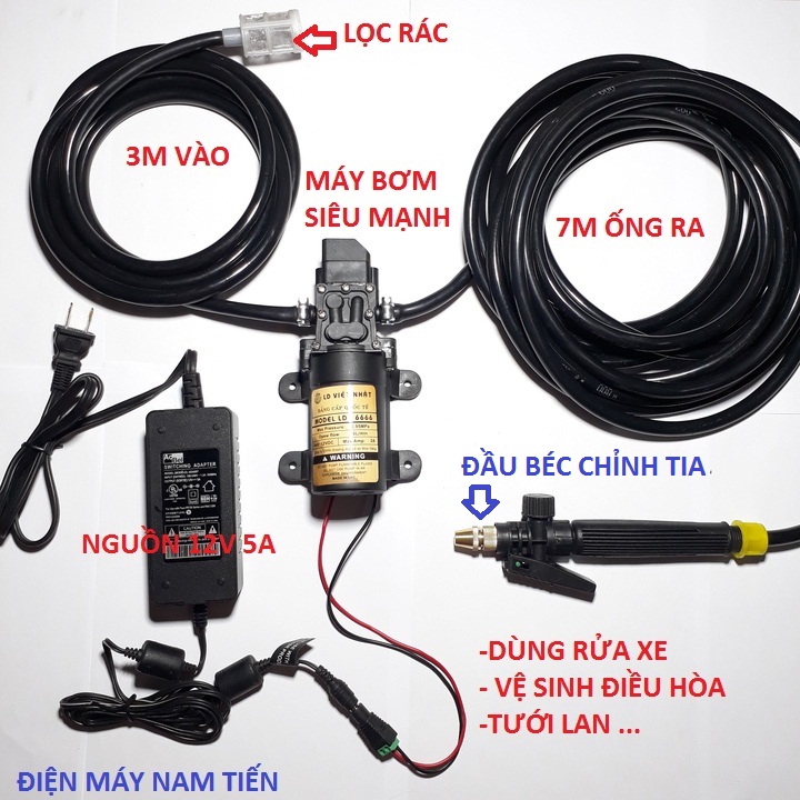 Máy Rửa Xe 12V Máy Bơm Nước Mini 12v Tăng Áp Lực Rửa Xe Máy Ô Tô kèm Nguồn Adapter