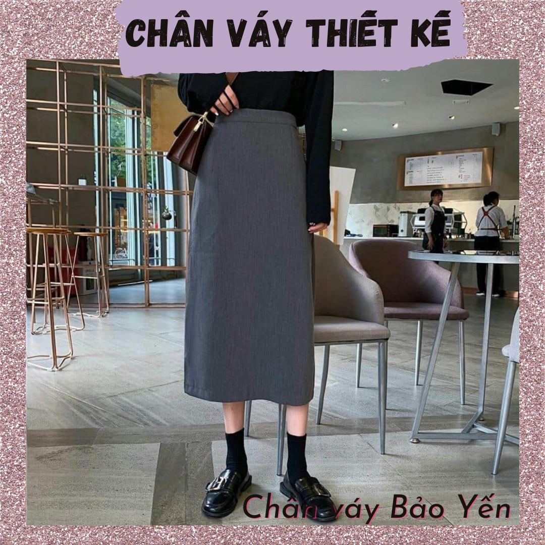 Chân váy midi A màu xám cạp khóa xẻ sau