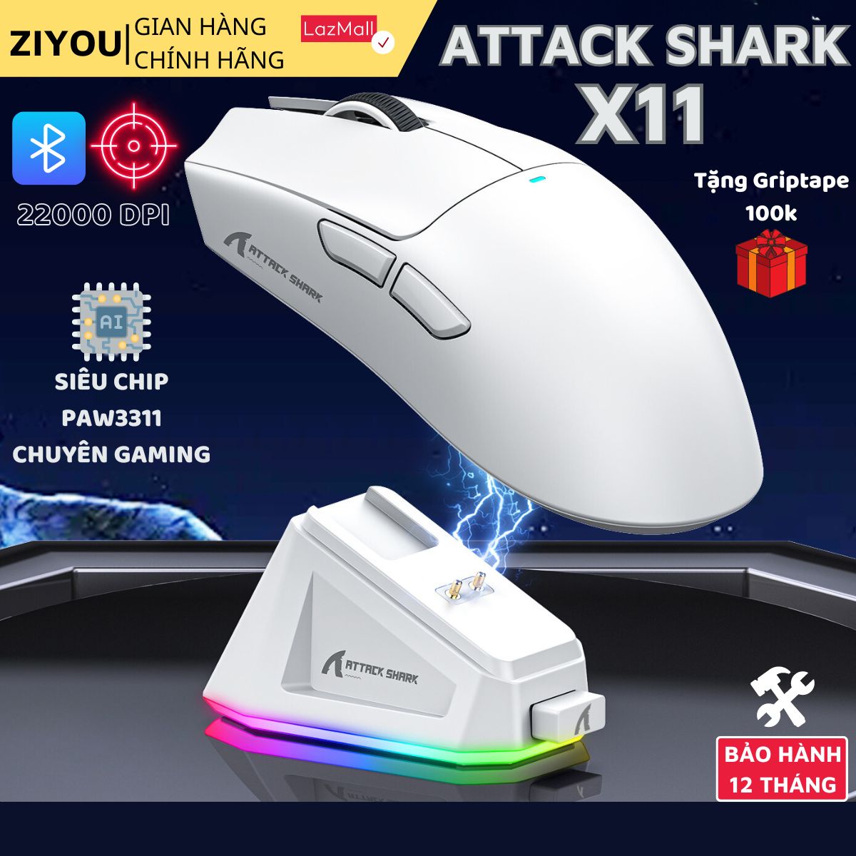 Chuột Không Dây Bluetooth Chuyên Gaming Ziyou Attack Shark X11 Chip Khủng PAW3311 Pollingrate 1Khz 2