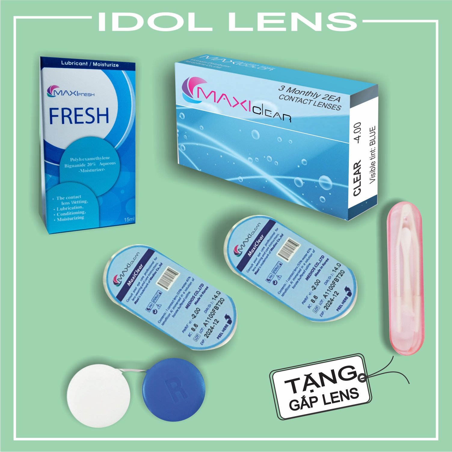 [HCM]Combo lens cận không màu 3 Tháng, dung dịch nhỏ mắt 15ml gắp lens khay ngâm lens