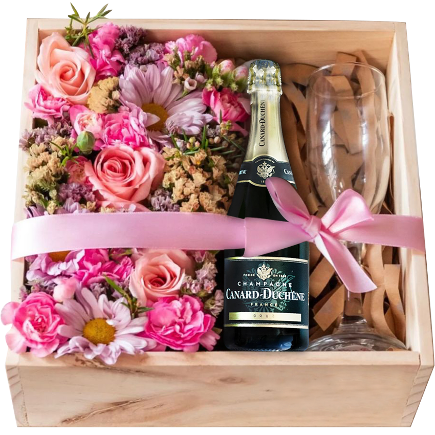 Hộp Quà Tặng Champagne & Hoa "Sắc Hồng Tinh Tế"