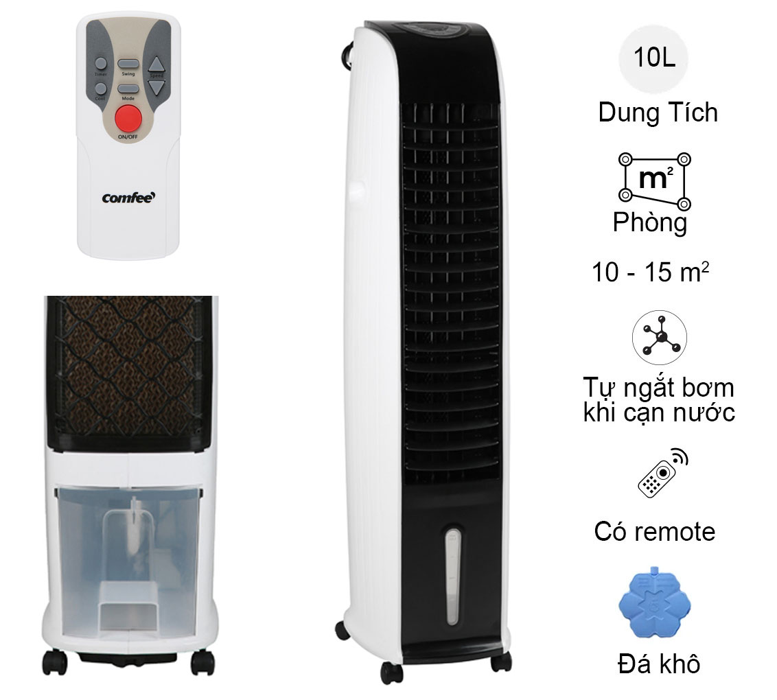 Quạt điều hòa mini, quạt điều hòa không khí, quạt hơi nước phun sương comfee cf-ac10ar với dung tích 10 lít công suất 70w, 3 chế độ gió, điều khiển từ xa, tự ngắt bơm khi cạn nước, có hộp đá khô làm mát, có bánh xe di chuyển