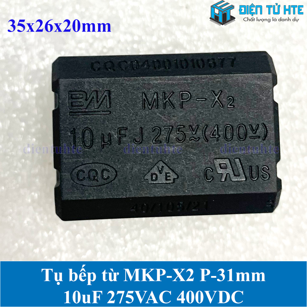 Tụ bếp từ mkp-x2 10uf 275vac 400vdc pitch 31mm đen size 35x26x20mm
