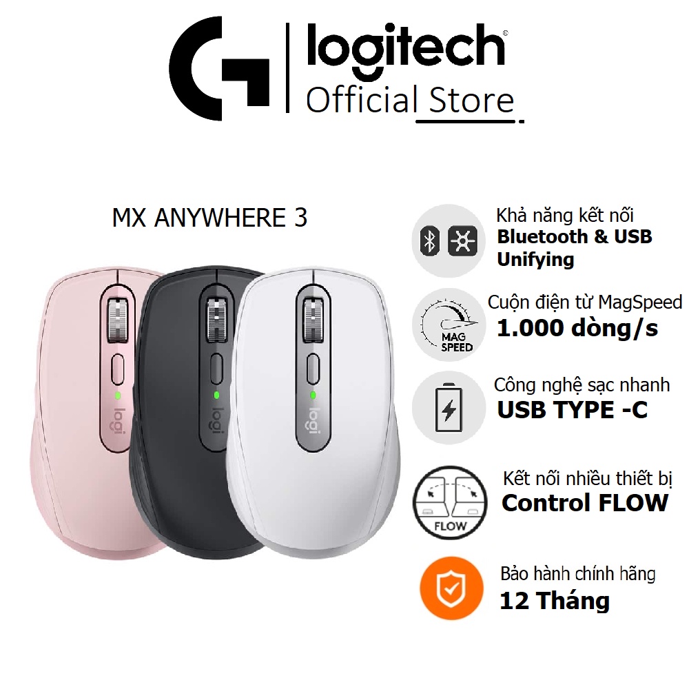 Chuột Logitech MX Anywhere 3 không dây bluetooth, Sạc nhanh USB-C, Cuộn siêu nhanh, check seri hàng chính hãng (0502)