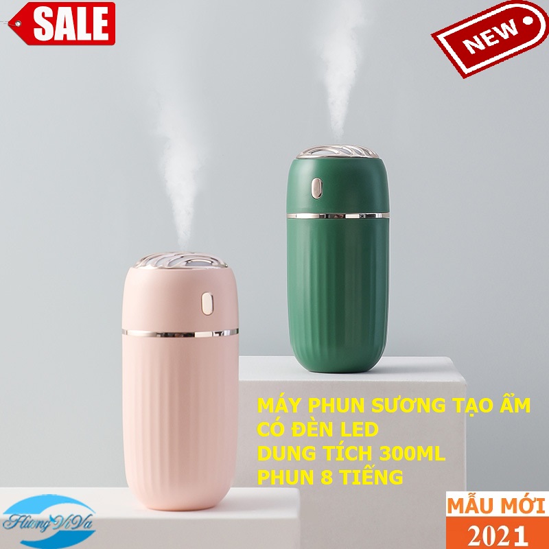Máy phun sương mini tạo ẩm phun đến 8h cổng sạc usb có chế độ đèn led đẹp lung linh làm đèn ngủ, máy phun sương tạo ẩm cho phòng điều hòa giúp đỡ khô da mặt, làm mát nhà, phòng ngủ, trong xe ô tô, dung tích 300ml -Huongviva