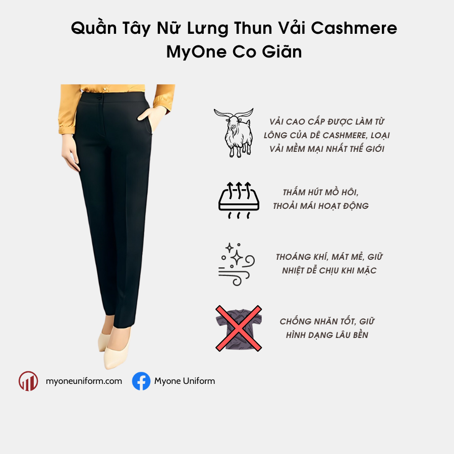 Quần tây nữ lưng thun vải cashmere myone co giãn