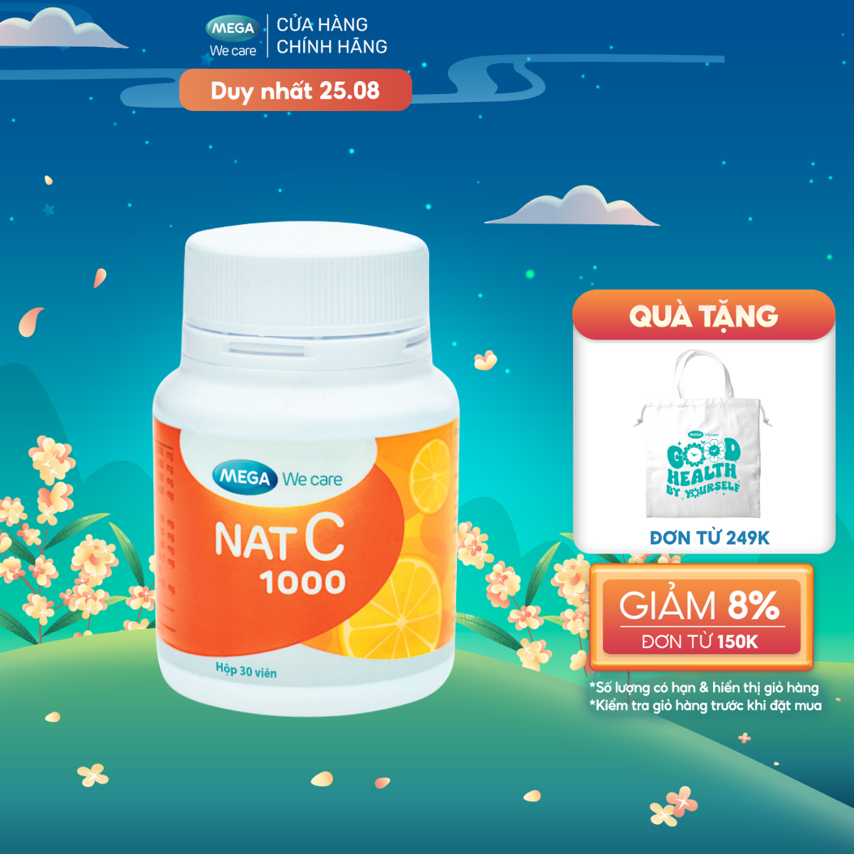 Viên uống Vitamin C sáng da, tăng cường đề kháng, giảm cảm cúm, cảm lạnh NAT C 1000 30 viên (30 ngày)