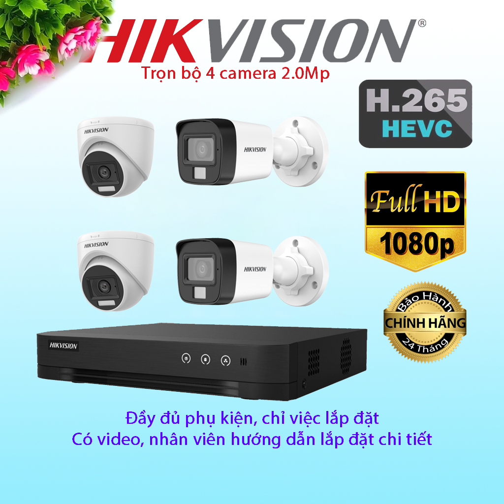 Trọn Bộ Camera 1/2/3/4 Mắt Hikvision Chính Hãng 2Mp Full HD 1080P (FULL PHỤ KIỆN LẮP ĐẶT), Ổ Cứng tùy chọn