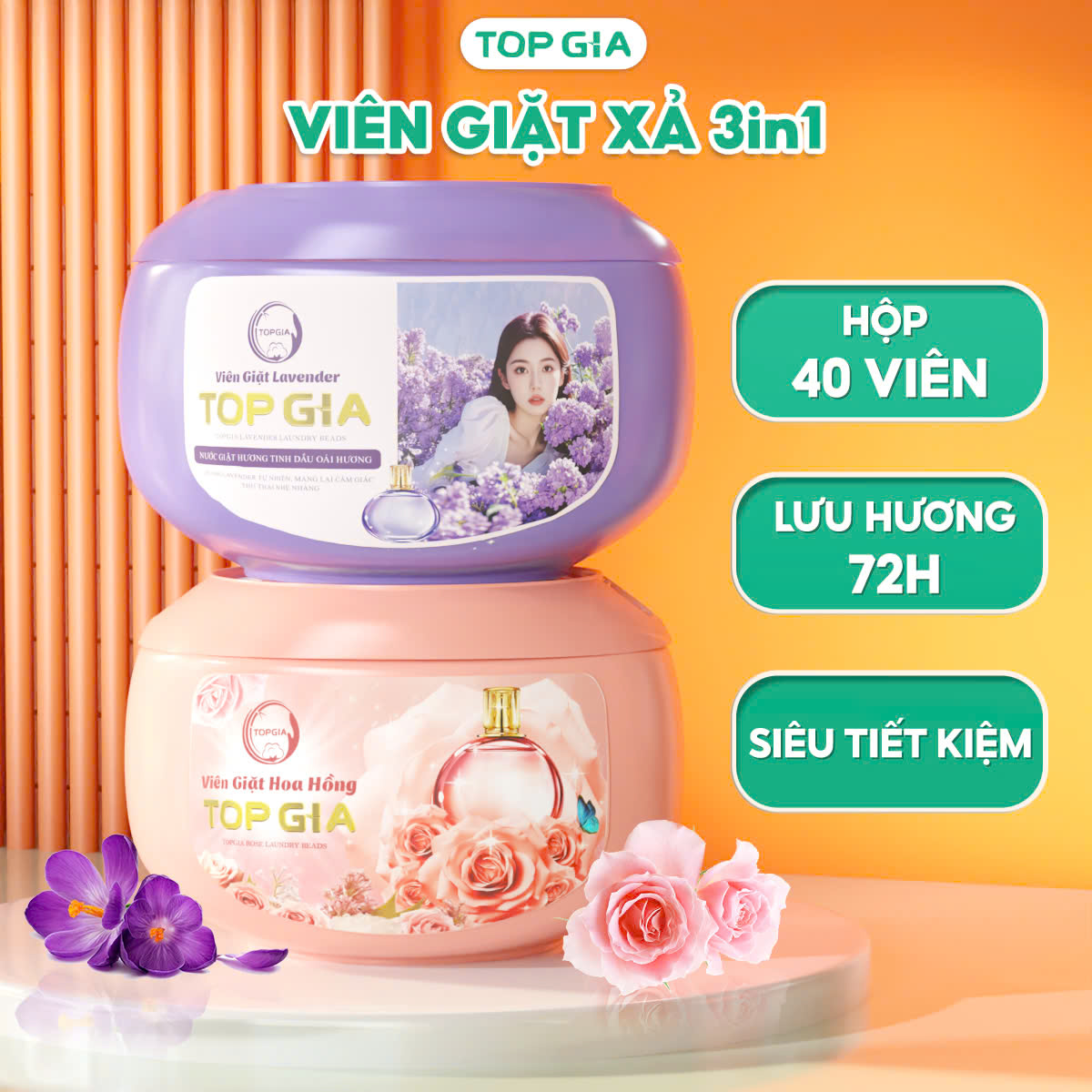  Viên giặt xả TopGia 3 trong 1 tiện lợi hương lavender thơm dịu nhẹ làm sạch quần áo lưu hương 72h 