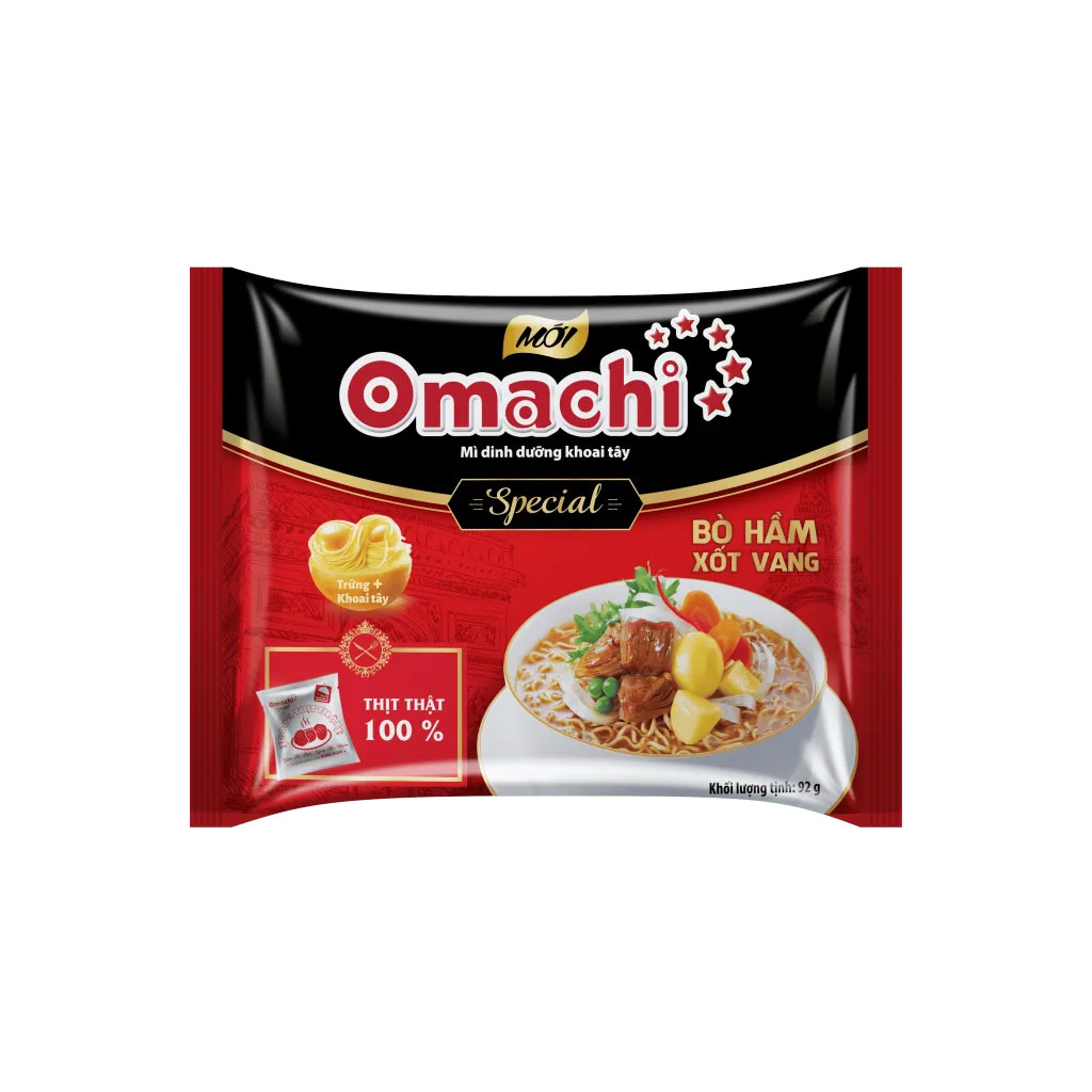 Thùng 30 gói mì khoai tây Omachi bò hầm xốt vang 92g