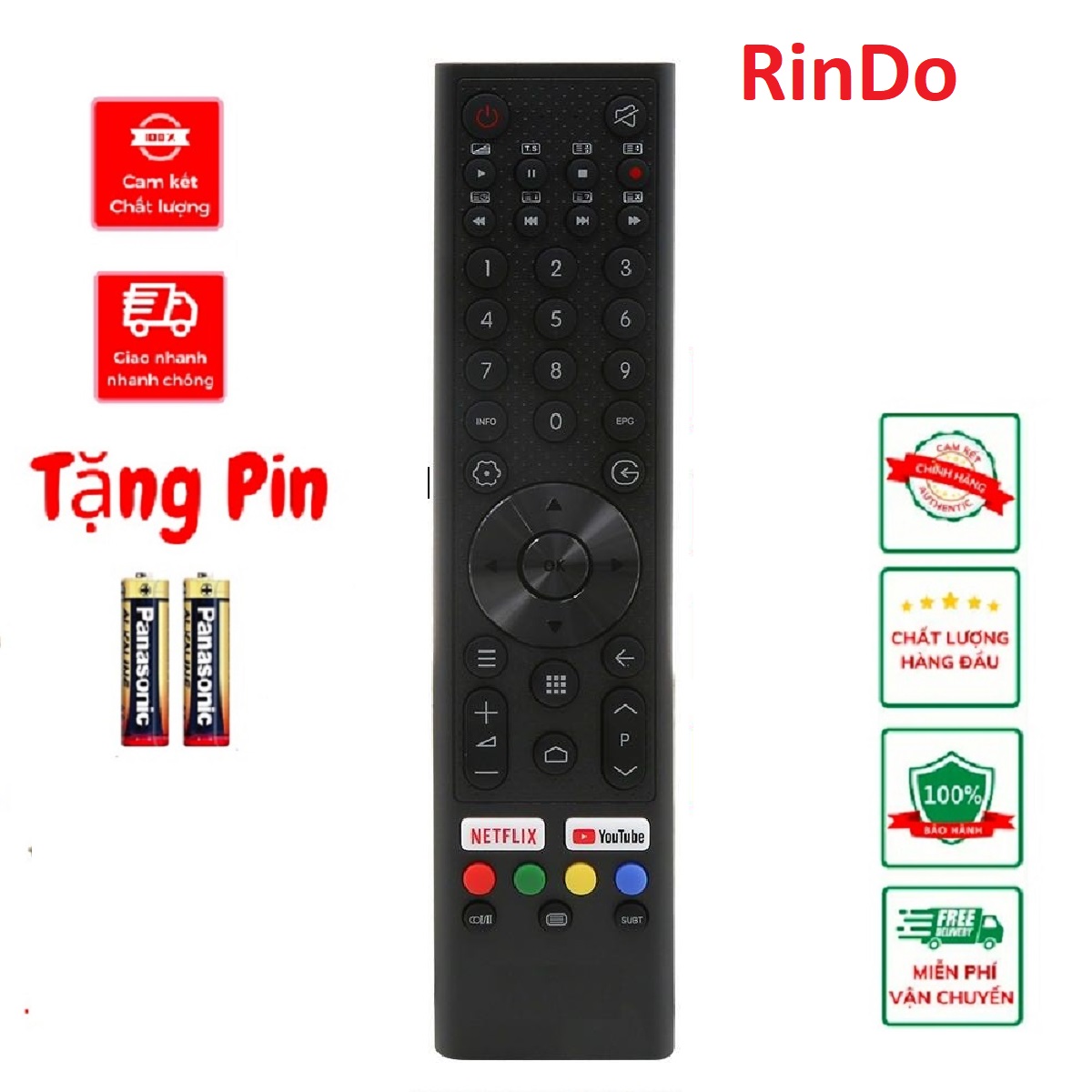 Điều khiển remote từ xa dùng cho Tivi RinDo smart internet thông mình - mẫu không có giọng nói - tặng pin
