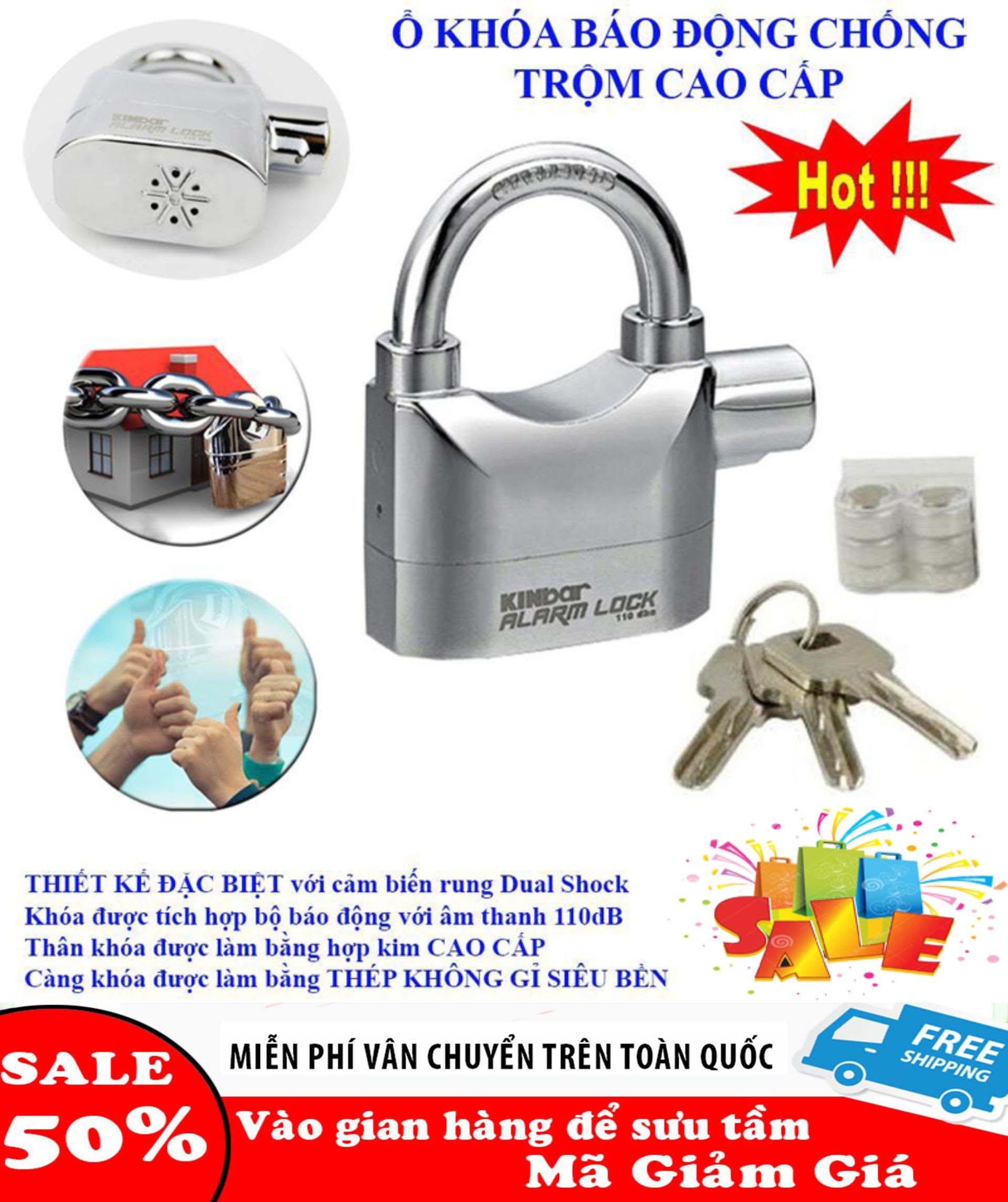 Ổ Khóa Chống Trộm - Ổ khóa báo động cho nhà Ổ Khóa Chống Trộm Mua Kinbar Phụ kiện cửa và ổ khóa, Báo động & chống trộm,Ổ khóa chống trộm Kinbar 100% inox thân rộng 70mm nặng 550g.