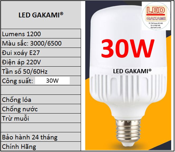 BÓNG ĐÈN LED TRỤ 30W SIÊU SÁNG, TIẾT KIỆM ĐIỆN LBT30Wc- CHIPLED GAKAMI NHẬT BẢN