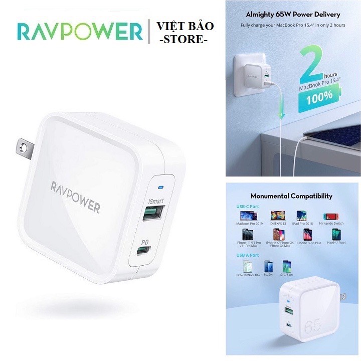 Củ sạc nhanh 2 cổng ravpower rp-pc133 65w pd chân us, dùng cho ip, ipad, laptop, điện thoại android