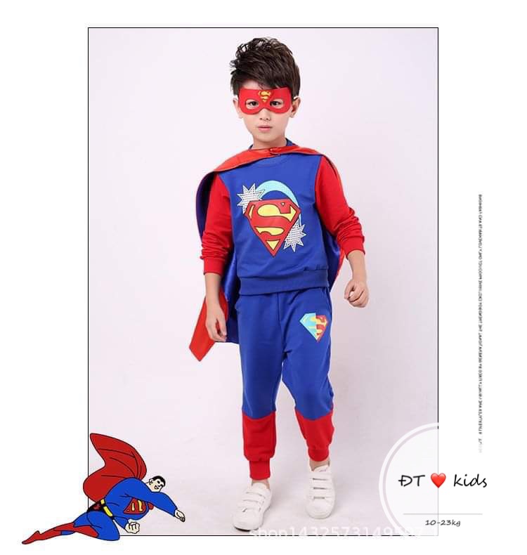 {Freeship + tặng quà} Bộ bé trai siêu nhân super man 3 món gồm mặt nạ và choàng - đồ siêu nhân bé trai chất thun thoáng mát - bộ bé trai 1 tuổi