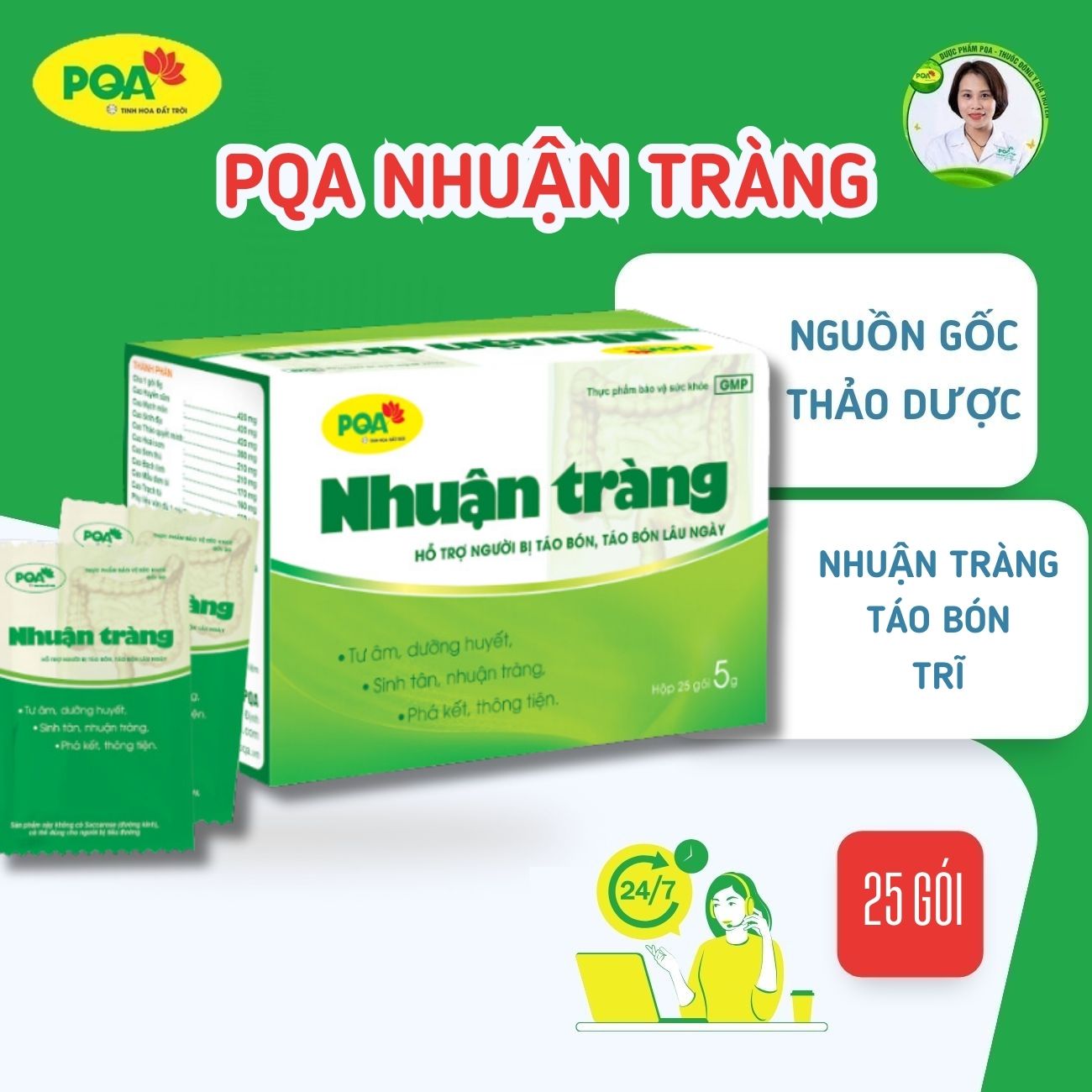 PQA Nhuận tràng dạng cốm 25 gói táo bón, táo bón mãn tính, táo bón sau sinh