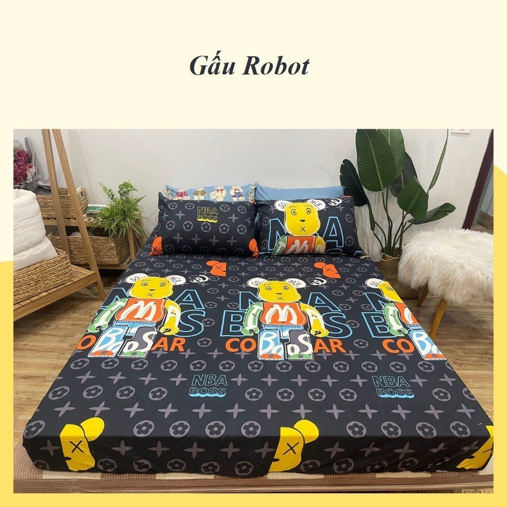 (Freeship 50k) Bộ 3 món ga gối cotton poly Nguyệt Ánh Bedding hoạt tiết dễ thương - có bán lẻ ga, bán thêm vỏ gối ôm cùng mẫu ( Gấu Robot, Bầu Trời Sao, Cây Thông Đen,...)