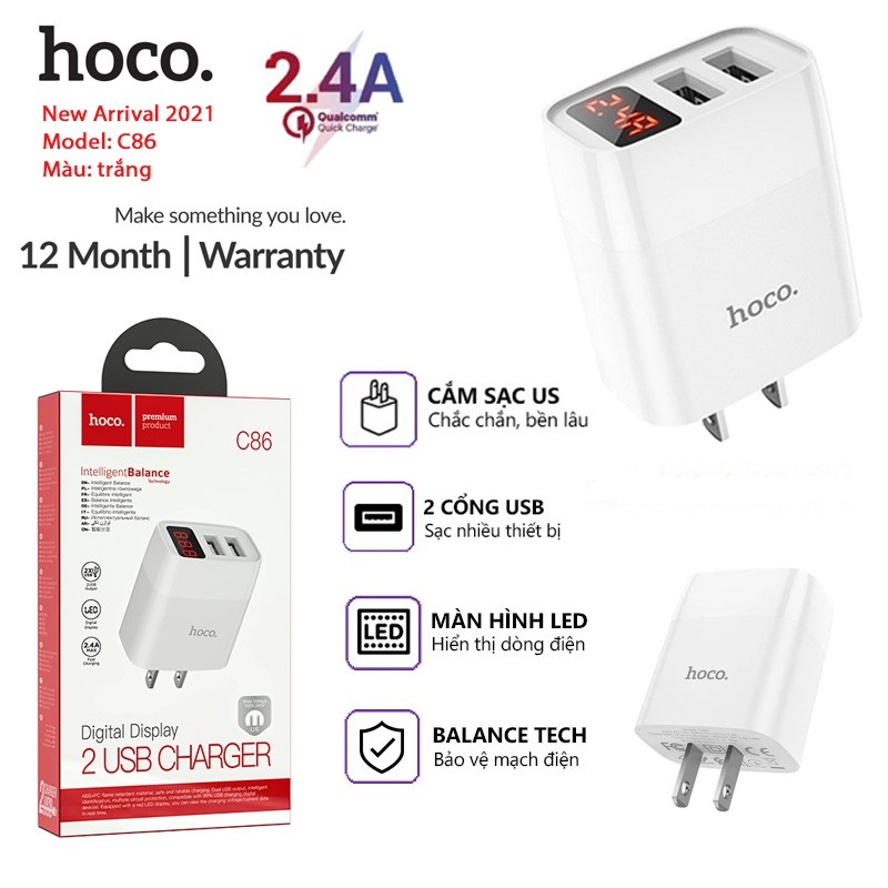 Bộ củ sạc iphone hoco c86 / c86a, cốc sạc samsung có 2 cổng usb với đèn led báo, dòng áp ra 5v-2.4a max 12w