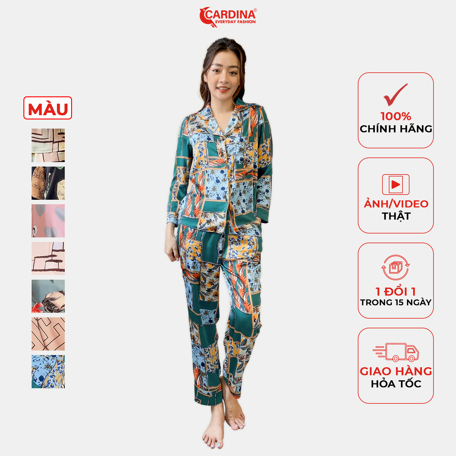 Đồ bộ nữ 𝐂𝐀𝐑𝐃𝐈𝐍𝐀 pijama chất lụa satin nhật cao cấp quần dài áo dài tay họa tiết 1pi12