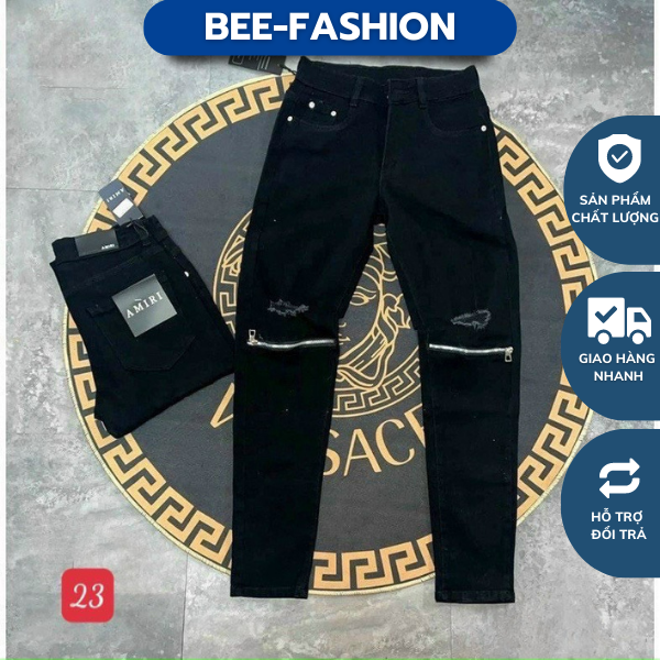 Quần jeans nam rách gối khóa phối khóa kéo chất vải co dãn xịn
