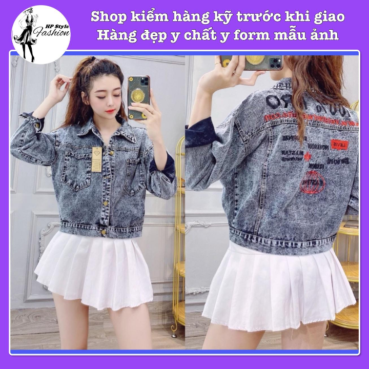 Áo Khoác Nữ Jean Wash Màu Lông Chuột Túi Rộng Thêu Chữ 100% Sau Lưng Mẫu Mới Đẹp Thời Trang