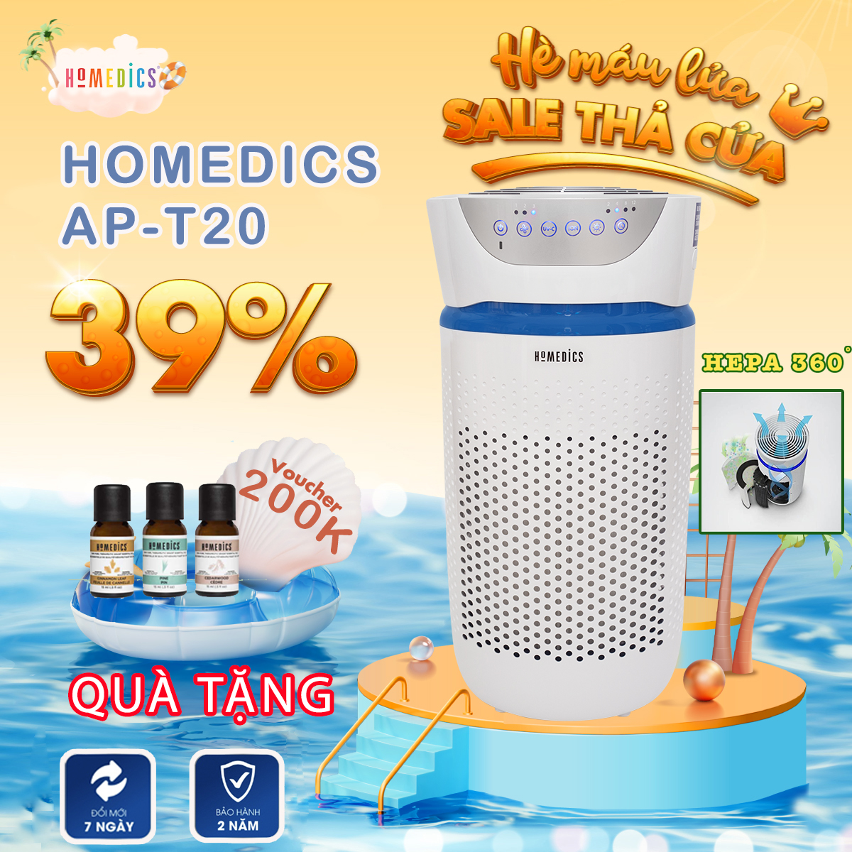 [BH 2 Năm] Máy lọc không khí Homedics Mỹ AP T20 - Mỹ Màng lọc HEPA, [Có Tem Chống Hàng Giả]
