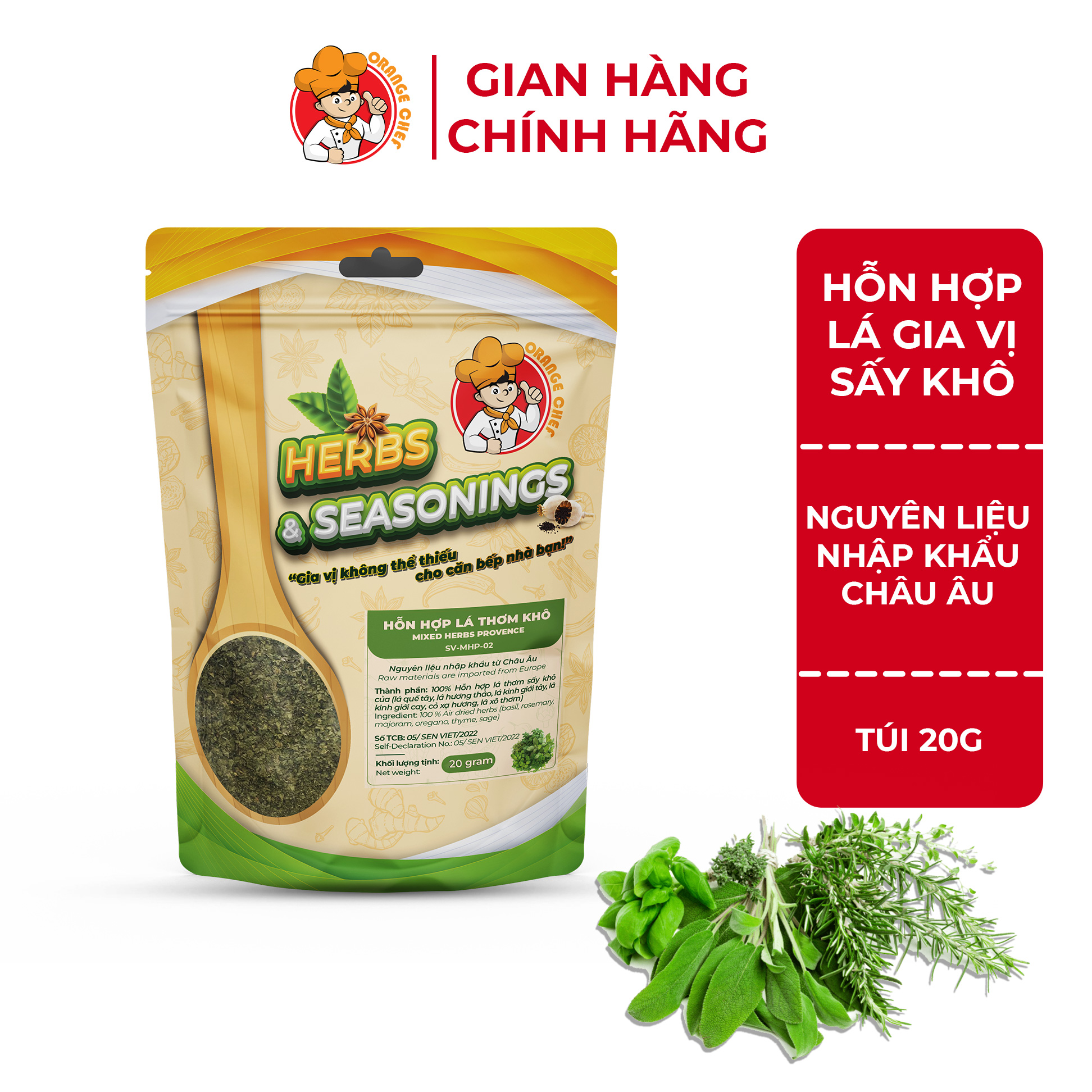Lá thơm khô hỗn hợp Oregano, Basil, Thyme, Marjoram - Mixed Herbs Orange Chef túi 100G