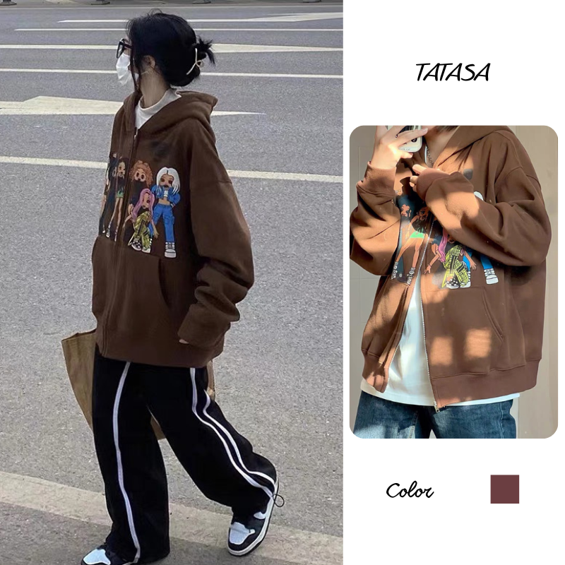 Áo khoác nỉ, Áo nỉ bông khoá kéo màu nâu form rộng phong cách unisex in hình dành cho nữ TATASA