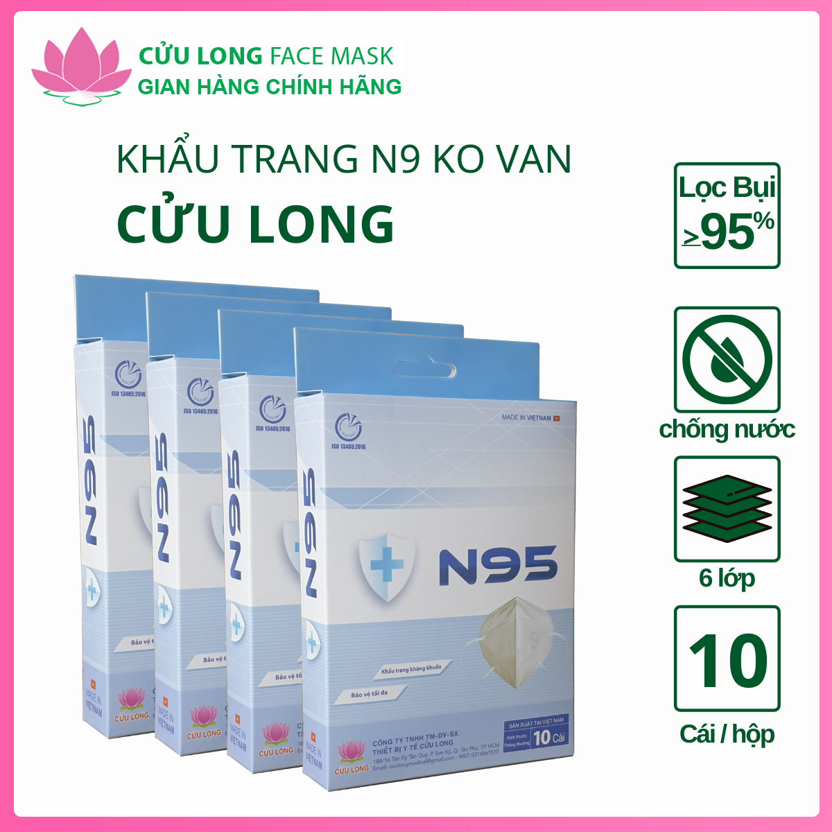  Combo 4 khẩu trang y tế cao cấp 6 lớp N95 Cửu Long Face Mask   Hộp 10 cái   