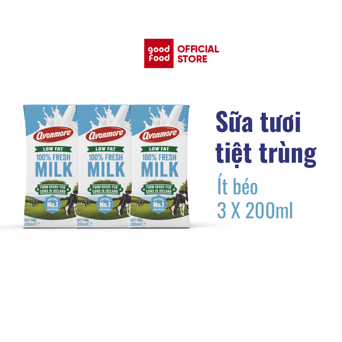 Lốc 3 hộp Sữa tươi ít béo tiệt trùng (không đường) Avonmore UHT Low Fat Milk 200ml giàu chất dinh dưỡng tốt cho sức khỏe