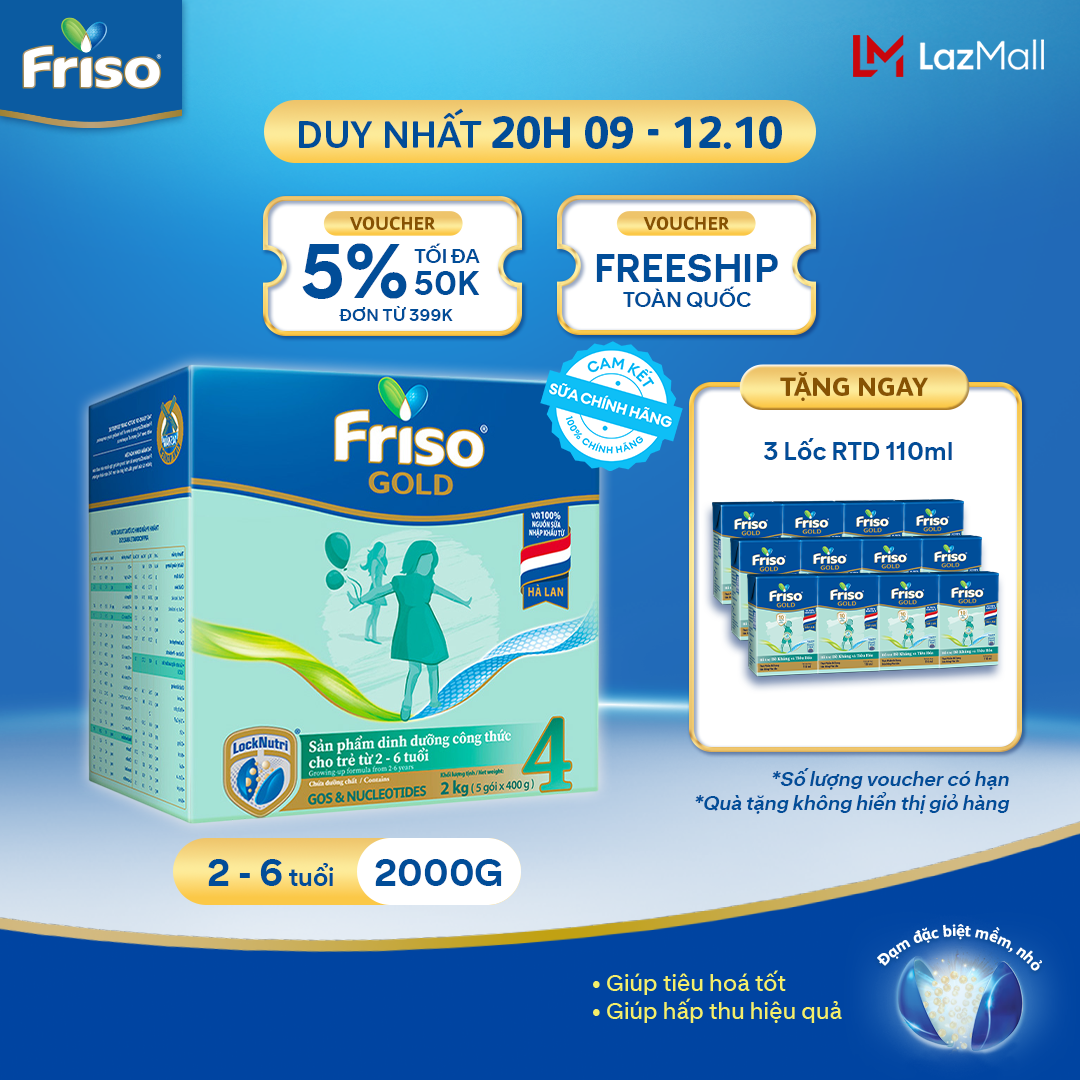 [Tặng 3 Lốc RTD 110ml] Sữa Bột Friso Gold 4 Hộp Giấy 2KG (cho trẻ từ 2-6 tuổi)