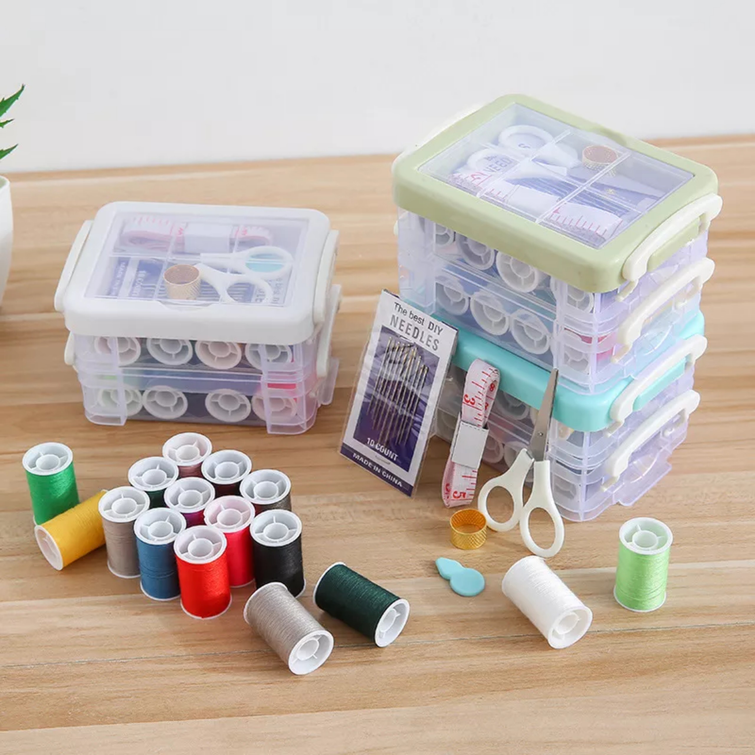 Bộ kim chỉ may vá đa năng kèm hộp đựng - hộp kim chỉ may vá 2 tầng vuông