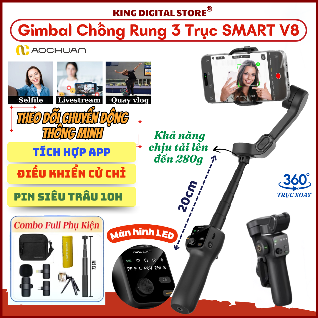 Gậy gimball điện thoại, Tay cầm chống rung quay vlog, tik tok, quay phim, Gymbal chính hãng AOCHUAN Smart V8, Gimbal chống rung cho điện thoại cao cấp