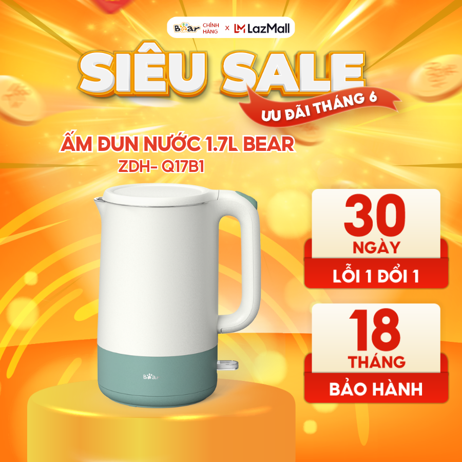 Ấm pha trà siêu tốc 1,7l bear q17b1 công suất lớn, bình đun nước nóng nhanh, bền bỉ