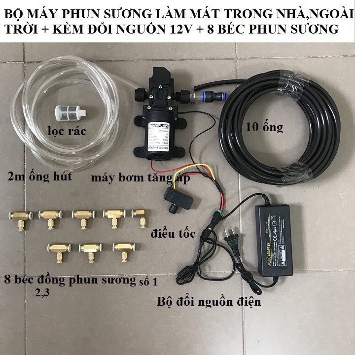 Bộ Máy phun sương làm mát không khí,tưới lan ngoài trời kèm đổi nguồn 8 béc số 1,2,3 béc phun sương,máy bơm tăng áp phun sương,máy phun sương,bộ máy phun sương
