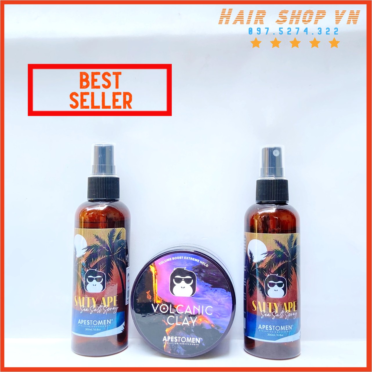 Combo xịt tạo phồng Salty Ape Sea Salt Spray , giữ nếp tóc+Sáp vuốt tóc tạo kiểu dành cho nam Volcanic
