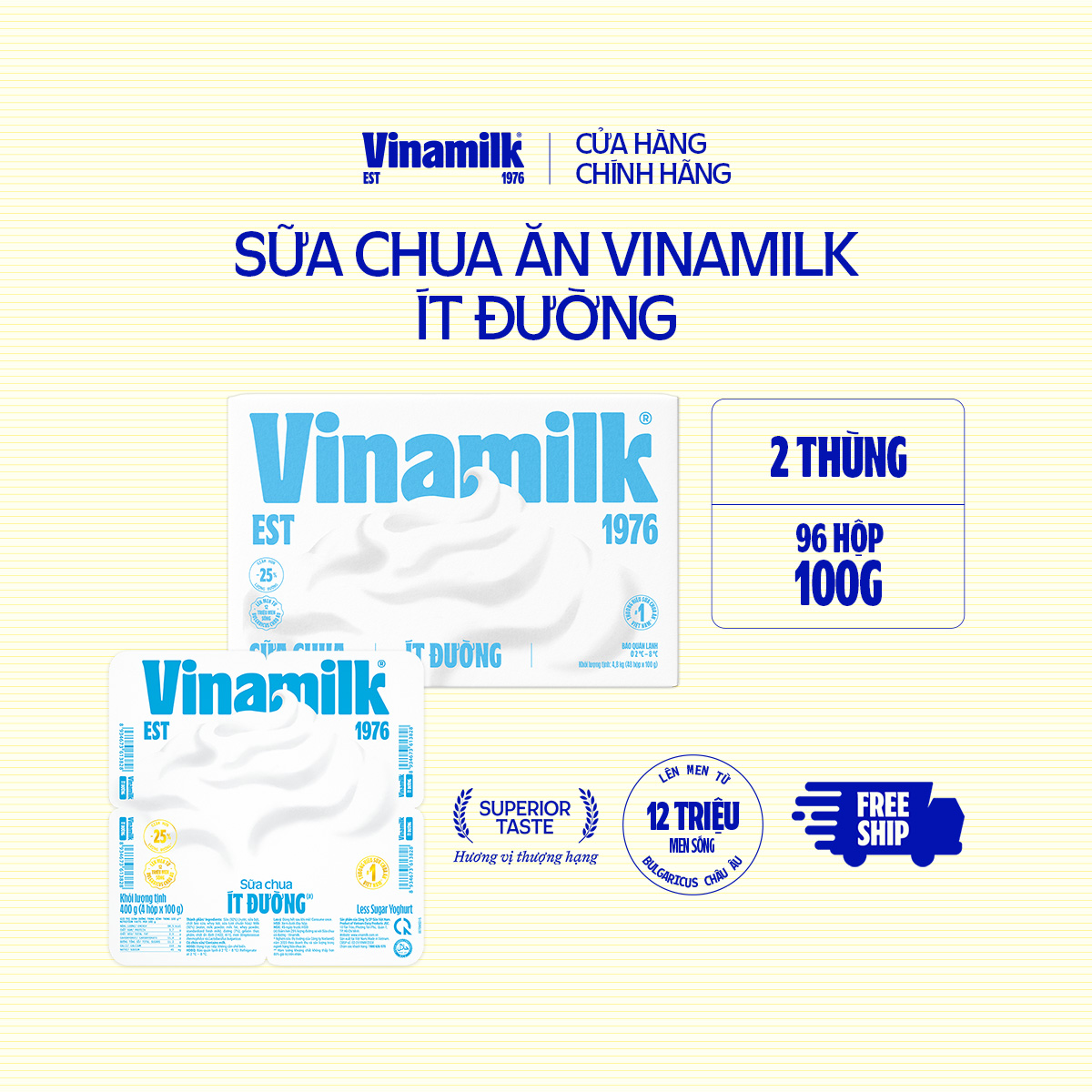 [CHỈ GIAO TRONG BÁN KÍNH 10KM] 2 Thùng Sữa chua ăn Vinamilk ít đường 100g Yaourt 48 hộp/thùng